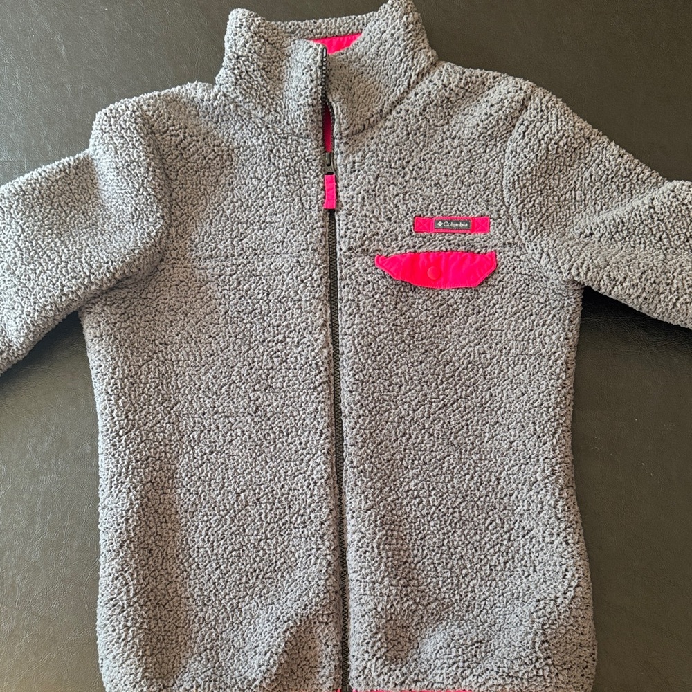Columbia Heathered Gray Fleece Jacket with Pink Highlights